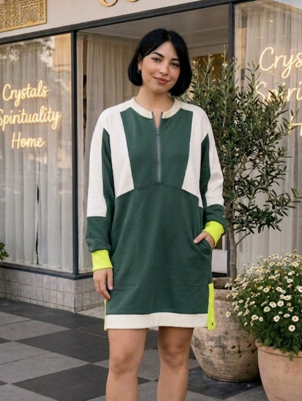 Davi & Dani Colorblock Half-Zip Sweatshirt Dress – Green, Cream, & Neon